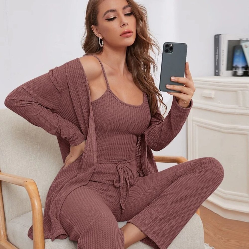 Mauve Waffle Weave 3 Piece Lounge Set - Picture 3 of 13